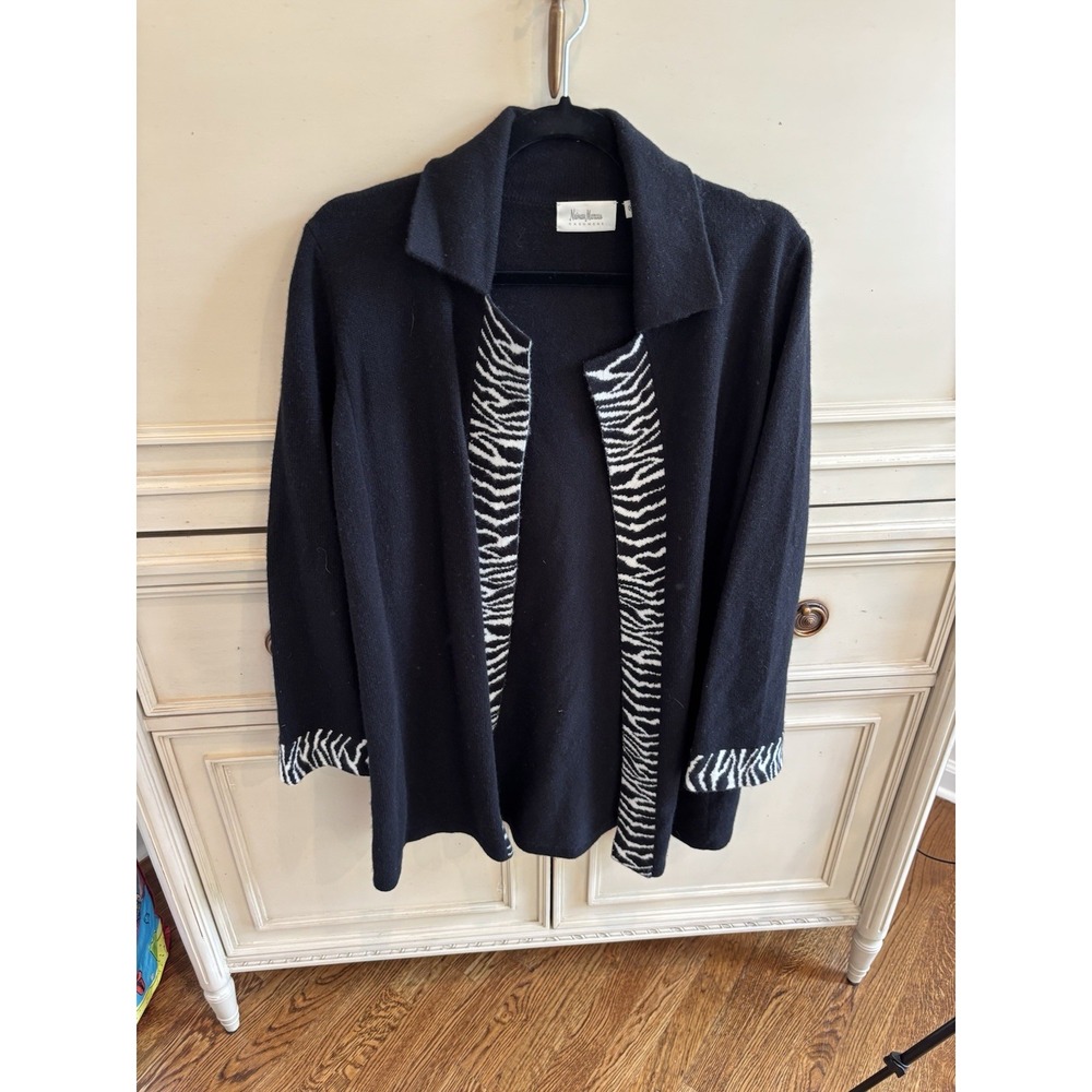 Neiman‎ Marcus Cashmere Open Front Black Cardigan Sweater Zebra Trim Soft XS